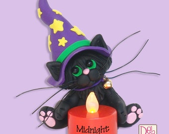 Halloween Black Cat with Orange Tea Light HANDMADE POLYMER CLAY  Halloween Figurine Decoration