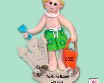 Giggle Gang BOY at the BEACH Handmade Polymer Clay Personalized Christmas Ornament