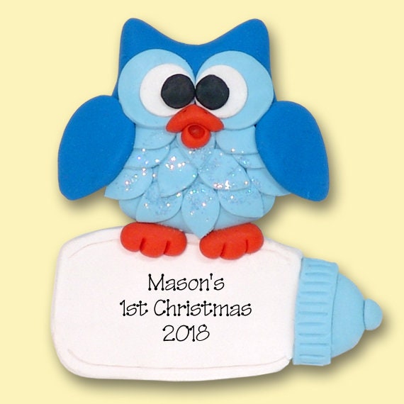 Babys 1st Christmas Ornament, Blue Owl With Baby Bottle, Boy Baby