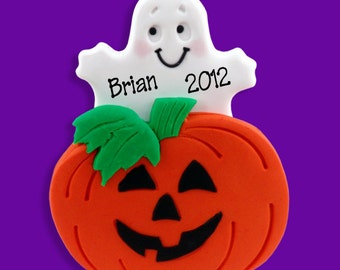 Boo Ghost with Pumpkin HANDMADE POLYMER CLAY Personalized Halloween Ornament