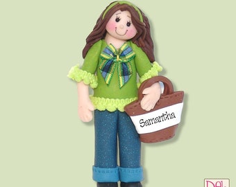 Girl in lime top with Handbag, Personalized Christmas Ornament, HANDMADE Polymer Clay Ornament
