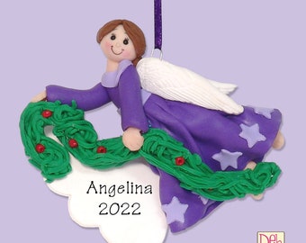 Purple Angel w/Brown Hair & Garland HANDMADE Polymer Clay Personalized Christmas Ornament - Limited Edition