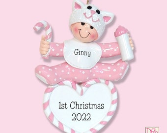 Baby's First Christmas - Baby GIRLw/Kitty Hat - Personalized Christmas Ornament  - Handpainted RESIN