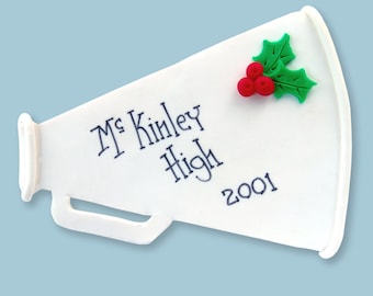 Cheerleader School Megaphone Handmade Polymer Clay Personalized Christmas Ornament