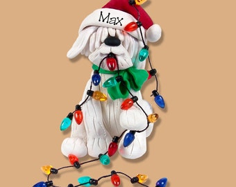 Christmas Puppy Dog  with Lights Handmade  Polymer Clay Personalized Christmas Ornament