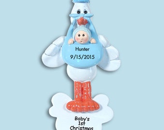 Baby's First Christmas - Stork w/Baby Boy - Personalized Ornament  - RESIN Ornament