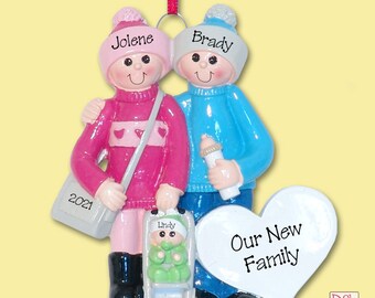 Personalized New Parents, Proud Parents with Baby in Stroller Christmas Ornament