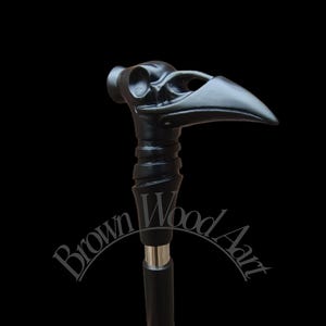Hand Carved Wooden Crow Skull Walking Cane: Handmade Ash & Oak