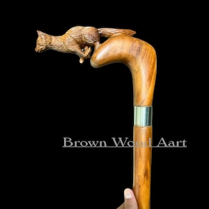 Wooden running fox handle walking stick handmade carving wooden walking cane animal hand carved comfortable use for men women Halloween H5