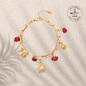 Women&#39;s Red Natural Stone Bracelet & Sun Pendant • JOGold Stainless Steel Jewelry • Elegant Irregular Double Bracelet Chic Gift