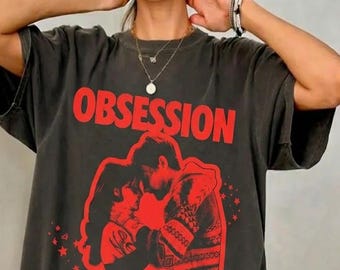Chemise du film Obsession 2026, t-shirt graphique d'horreur gothique, t-shirt couleurs confort recto-verso, t-shirt de film thriller vintage