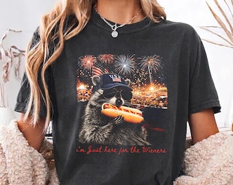 Raccoon Funny Just Here for The Wieners Hotdog T-Shirt, 4th of July Raccoon Shirt, Patriotic American Flag Tee, Retro USA Animal T-Shirt