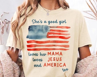 She's a Good Girl Loves her Mama Loves Jesus and America Too Tee, 4th of July Coquette Bow Tee, USA Preppy Red White Blue Shirt