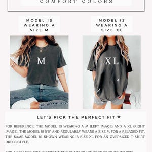Peut inclure: Guide des tailles pour les t-shirts Comfort Colors. L'image montre un mod&egrave;le portant une taille M et une taille XL. Le texte sur l'image fournit des recommandations de taille pour une coupe d&eacute;contract&eacute;e et une robe t-shirt surdimensionn&eacute;e.