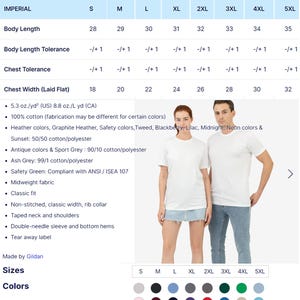 Peut inclure: T-shirts unisex en coton &eacute;pais blanc. L'image comprend un tableau des tailles avec des mesures en pouces, &eacute;quivalant &agrave; des cm pour la longueur du corps et la largeur de la poitrine. Le tableau indique &eacute;galement les couleurs et les d&eacute;tails du tissu. Deux personnes portent les t-shirts.