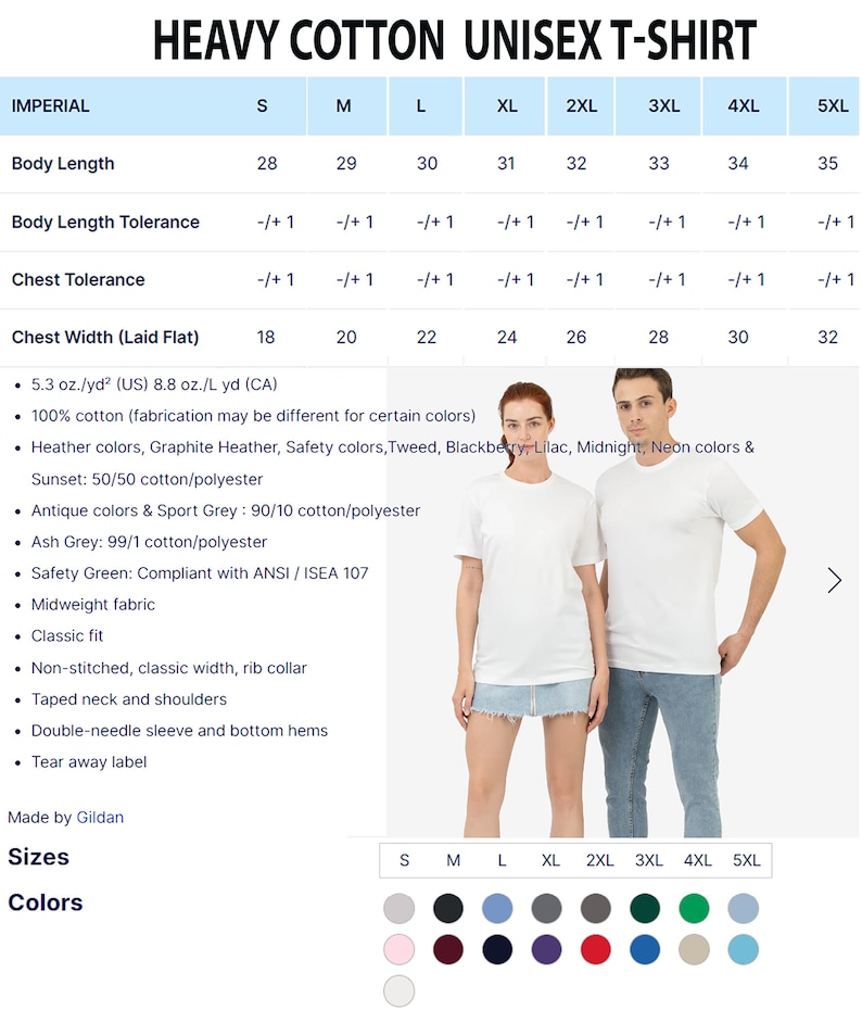 Peut inclure: T-shirts unisex en coton &eacute;pais blanc. L'image comprend un tableau des tailles avec des mesures en pouces, &eacute;quivalant &agrave; des cm pour la longueur du corps et la largeur de la poitrine. Le tableau indique &eacute;galement les couleurs et les d&eacute;tails du tissu. Deux personnes portent les t-shirts.
