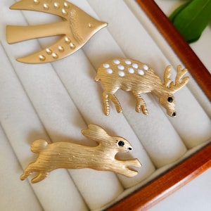 Gold animal brooch - rabbit, deer or bird, chic metal jewelry, unique design, artistic style, mixed gift for him or her, woman / man