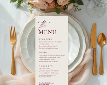 Bridal Shower Wedding Menu Template, Printable 4x9 Menu Elegant Modern Wedding Menu Card, Editable Dinner Menu Cards Downloadable Menu, BS01