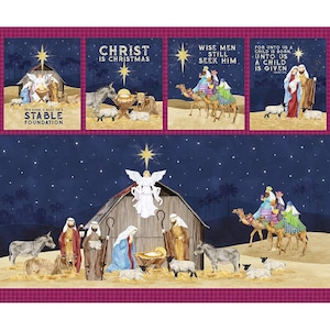 May include: A fabric panel featuring four illustrated scenes of the Nativity. The top row includes images with text: "CHRIST IS CHRISTMAS", and "WISE MEN STILL SEEK HIM." The bottom panel depicts the Nativity scene with the text "THIS HOME IS BUILT ON A STABLE FOUNDATION."