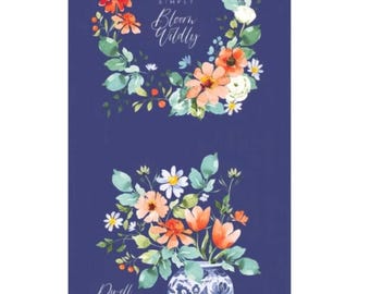 Bloom Wildly Navy Blue 24x43" Cotton Panel Quilting Heatherlee Chan For Clothworks