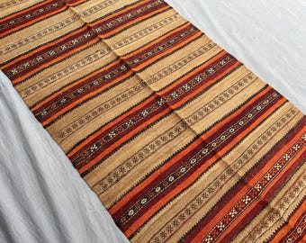Tappeto Kilim afghano vintage 7x4, tappeto in lana a righe fatto a mano, decorazione tribale per corridoio, autentico tappeto boho per ingresso, elemento decorativo geometrico a tessitura piatta