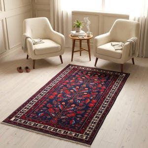 Handmade Balochi Rug 3x5.8ft | Vintage Wool Floral Carpet, Red Blue Gold Accent