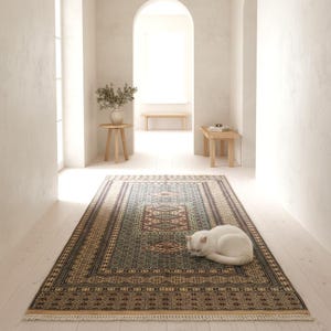 May include: A rectangular rug with a central geometric pattern in red, blue, and beige. The rug has fringed edges and is in a hallway. A white cat is curled up on the rug. The rug's length is approximately 240 cm.