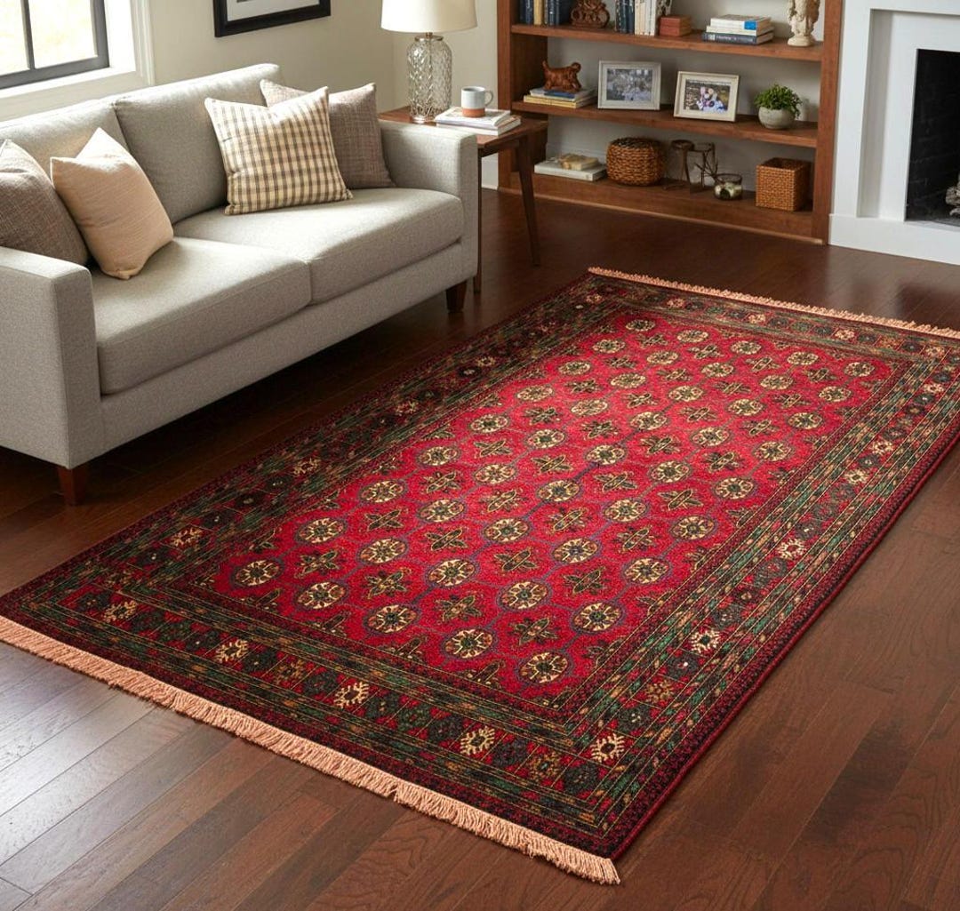 Herat Balochi Afghan Rug, Red Green Beige Tribal Wool Carpet, 6.5x4.2ft ...