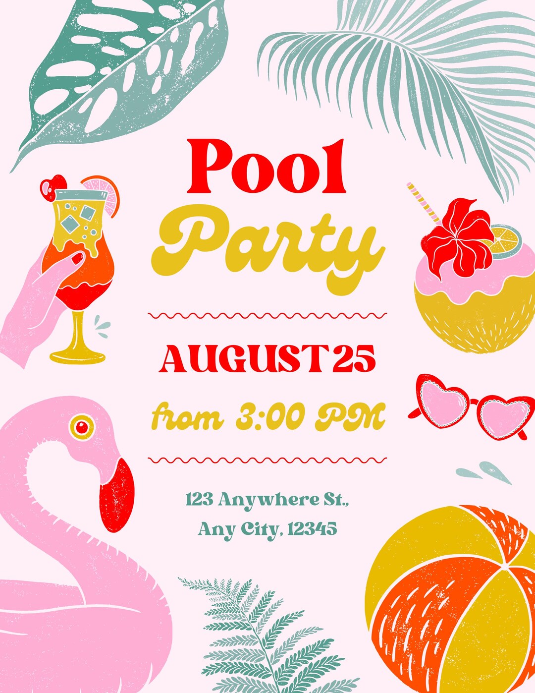Retro Red & Yellow Pool Party Flyer – Illustrated Summer Invite ...