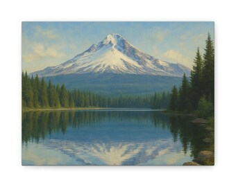 May include: A canvas print of a landscape painting featuring a snow-capped mountain reflected in a calm lake. Lush green trees line the water's edge, and the sky is a soft blue with wispy clouds. The artwork evokes a sense of tranquility.