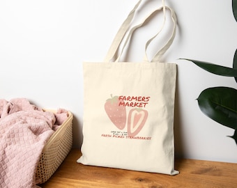 Strawberry Farmers Market Tote Bag: Reusable Cotton Canvas Grocery Bag