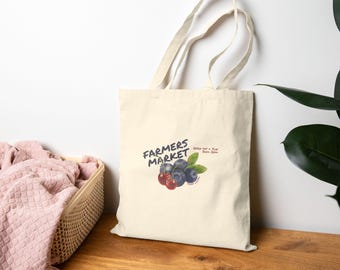 Farmers Market Cotton Canvas Tote Bag: Cherry & Blueberry Design