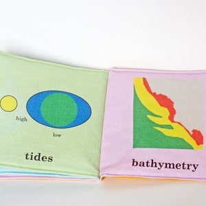 Puede incluir: Un libro de tela verde y amarillo con las palabras "mareas" y "batimetr&iacute;a" en la portada. El libro tiene un diagrama de mareas altas y bajas y un diagrama de una costa.