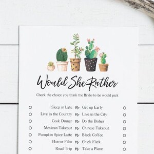 Baby Shower Game Would She Rather Cactus Theme Succulant Etsy