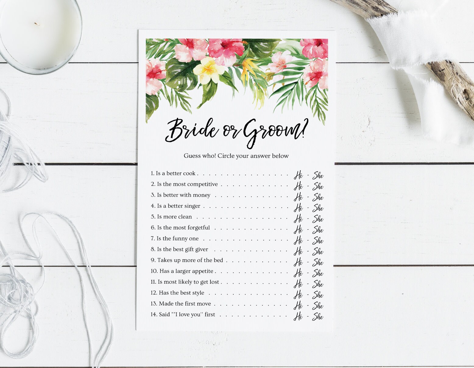 hawaii flowers printable bridal shower game He said She said game Bride or Groom game tropical floral instant download