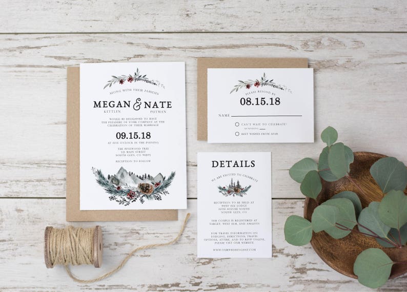 Winter Wedding Invitation Template Printable Rustic Etsy