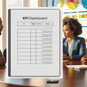 May include: A digital tablet displaying a "KPI Dashboard" with sections for Goal, Target Date, Metrics, and Progress. The tablet is in a meeting setting with three people in business attire.