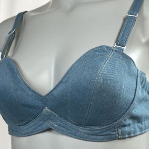 Denim custom 1940 40s 1950s 50s modern retro vintage western pin up classic jean cotton wireless wirefree cone bullet lingerie bra