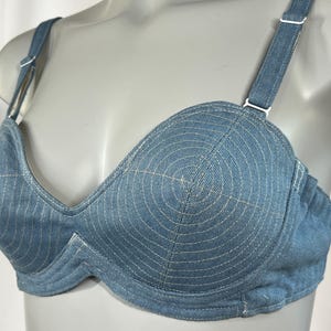 Denim custom 1940s 1950s 50s 40s retro pin up vintage vtg round circle stitch denim jean cotton wireless wire free cone bullet lingerie bra