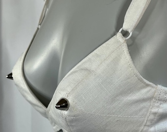 White Linen Cone Bra with Studs: Handmade, Vintage Inspired