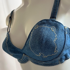 Custom denim embroidery 1940s 1950s 40s 50s pin up retro vintage western jean cotton wireless wire free padded bullet cone lingerie bra