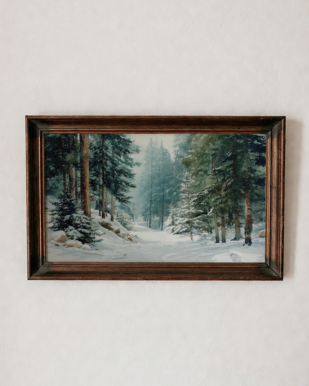 Watercolor Snowy Forest Path Print | Winter Pine Tree Wall Art | Misty ...