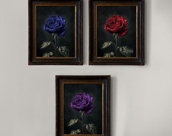 Set of 3 Vintage Roses Oil Painting Moody Botanical Wall Art Bundle Red Purple Blue Floral Print Dark Academia Gothic Collection Decor