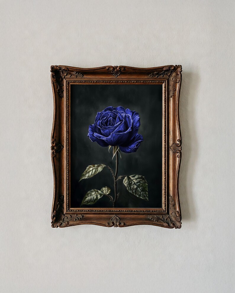 Vintage Royal Blue Rose Oil Painting Moody Botanical Wall Art Floral ...