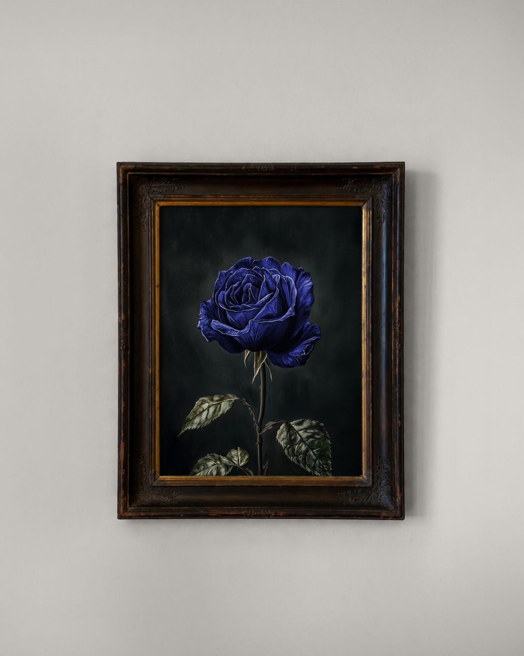Vintage Royal Blue Rose Oil Painting Moody Botanical Wall Art Floral ...