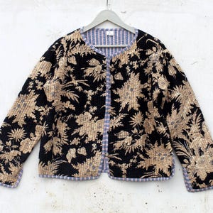 Black Floral Quilted Kantha Jacket: Indian Block Print Cotton Jacket