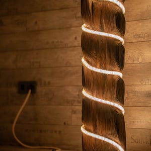 Wooden Floor Lamp – Warm Glow of NYC, Handmade with LED Light, Rustic City Charm. Warm light lamp