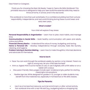 Pu&ograve; includere: Un documento bianco intitolato "Guida per i genitori: Come usare questo quaderno". La guida offre consigli per i genitori e dettagli sul contenuto del quaderno, tra cui responsabilit&agrave; personale, comunicazione e competenze finanziarie.