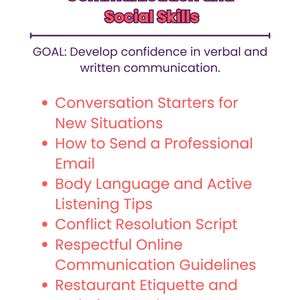 Pu&ograve; includere: Grafica bianca con il testo "Comunicazione e abilit&agrave; sociali" in rosso e viola. L'obiettivo &egrave; sviluppare la fiducia nella comunicazione verbale e scritta. Gli argomenti includono spunti di conversazione, etichetta e-mail e risoluzione dei conflitti.