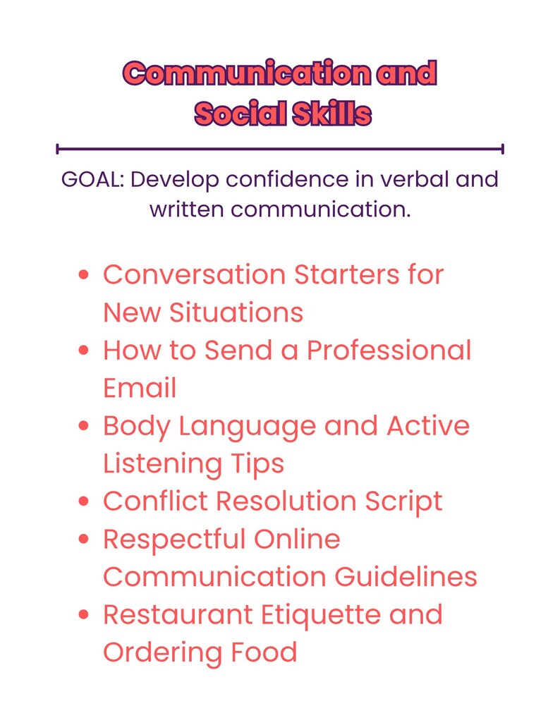 Pu&ograve; includere: Grafica bianca con il testo "Comunicazione e abilit&agrave; sociali" in rosso e viola. L'obiettivo &egrave; sviluppare la fiducia nella comunicazione verbale e scritta. Gli argomenti includono spunti di conversazione, etichetta e-mail e risoluzione dei conflitti.